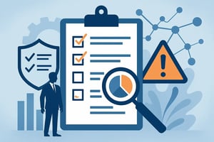 Illustration einer Prüfcheckliste mit Grafiken und einem Mann in Anzug, der die Daten überprüft.