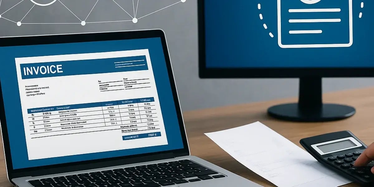 Laptop mit digitaler Rechnung und Finanzsymbolen auf dem Bildschirm, daneben ein Monitor mit Euro-Symbol – Symbolbild für digitale Buchhaltung
