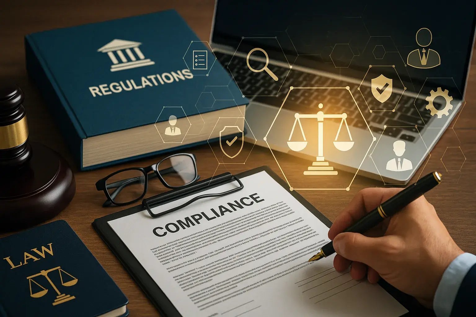 Compliance-Dokument auf Schreibtisch mit Gesetzesbüchern, Richterhammer und digitalen Symbolen für Recht und Datenschutz.