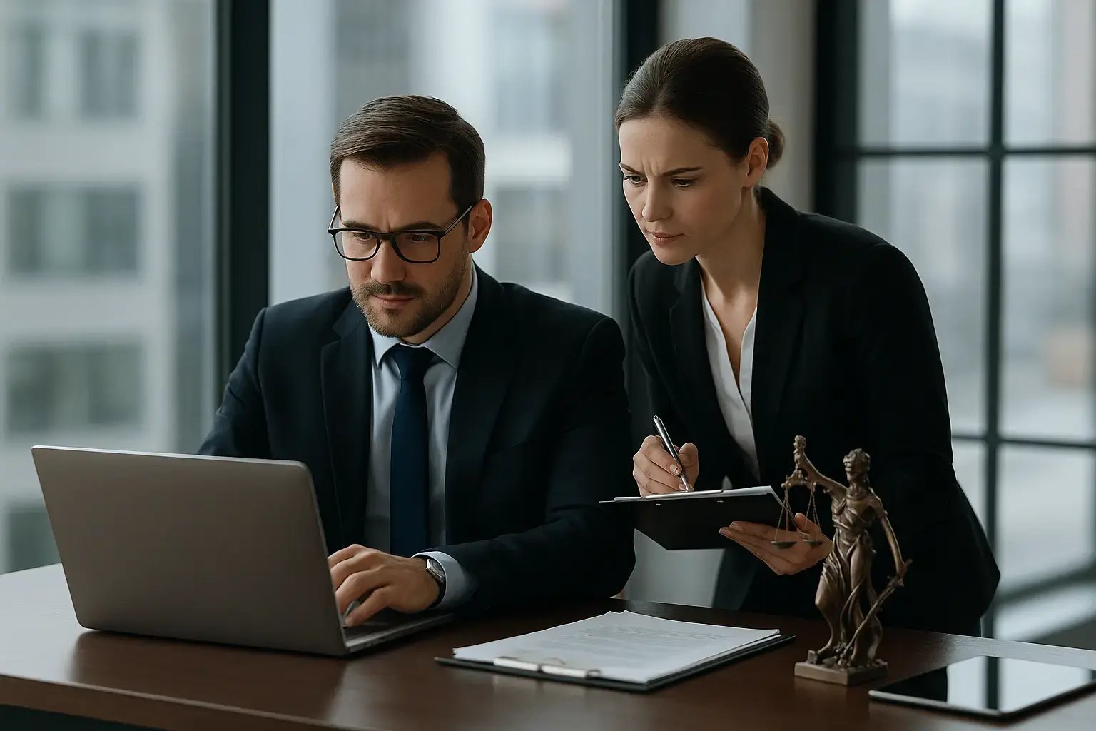 Zwei Anwälte überprüfen wichtigen Fall am Laptop mit rechtlichen Unterlagen.