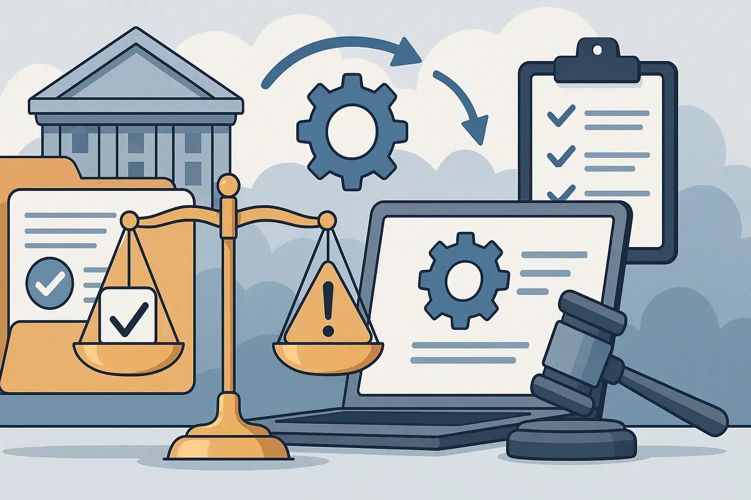 Symbolische Darstellung von rechtlicher Compliance mit Waage und Computer.