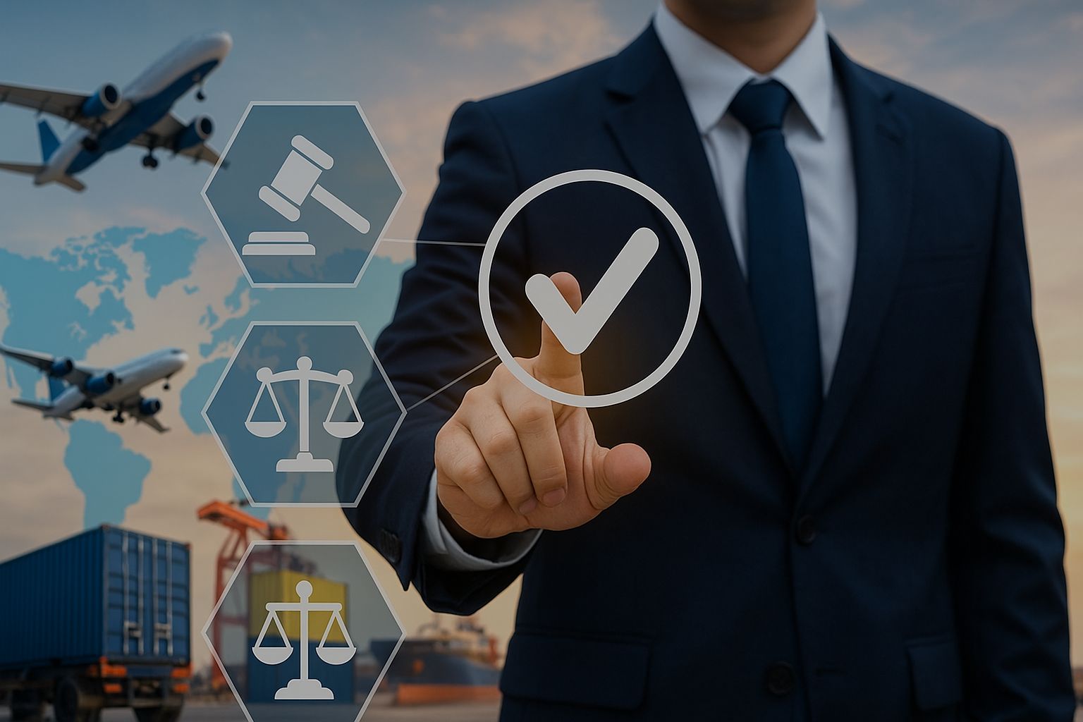 Geschäftsmann interagiert mit digitalen Symbolen für Recht, Export und Compliance vor globaler Handelskulisse.