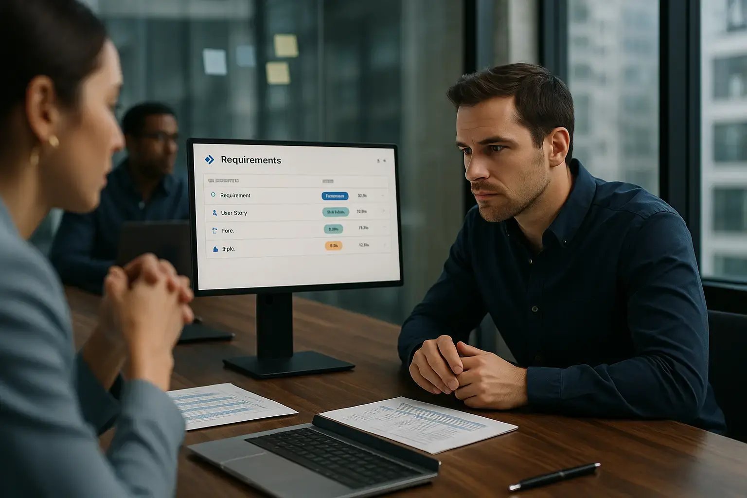 Professionelles Meeting zur Besprechung von Anforderungen an einem Computer.
