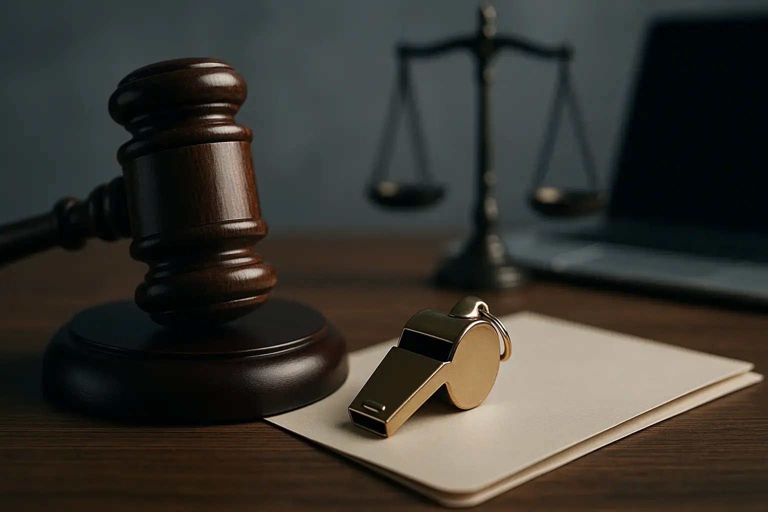 Ein Richterhammer und eine Pfeife liegen auf einem Ordner, während eine Wippe im Hintergrund sichtbar ist, was rechtliche Themen symbolisiert.