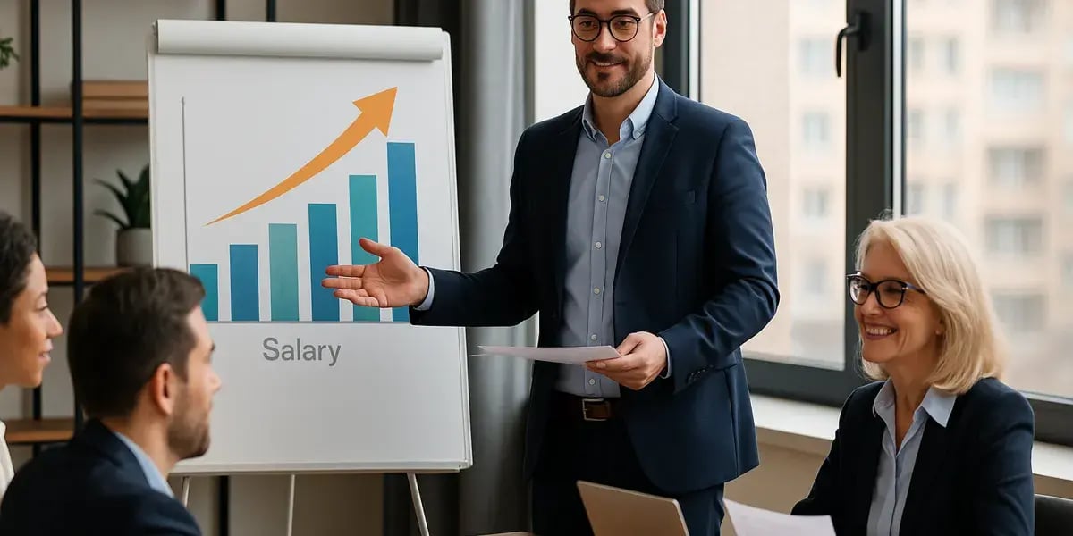 Geschäftspräsentation mit einem Mann, der vor einem Diagramm mit steigenden Balken und dem Wort „Salary“ spricht.