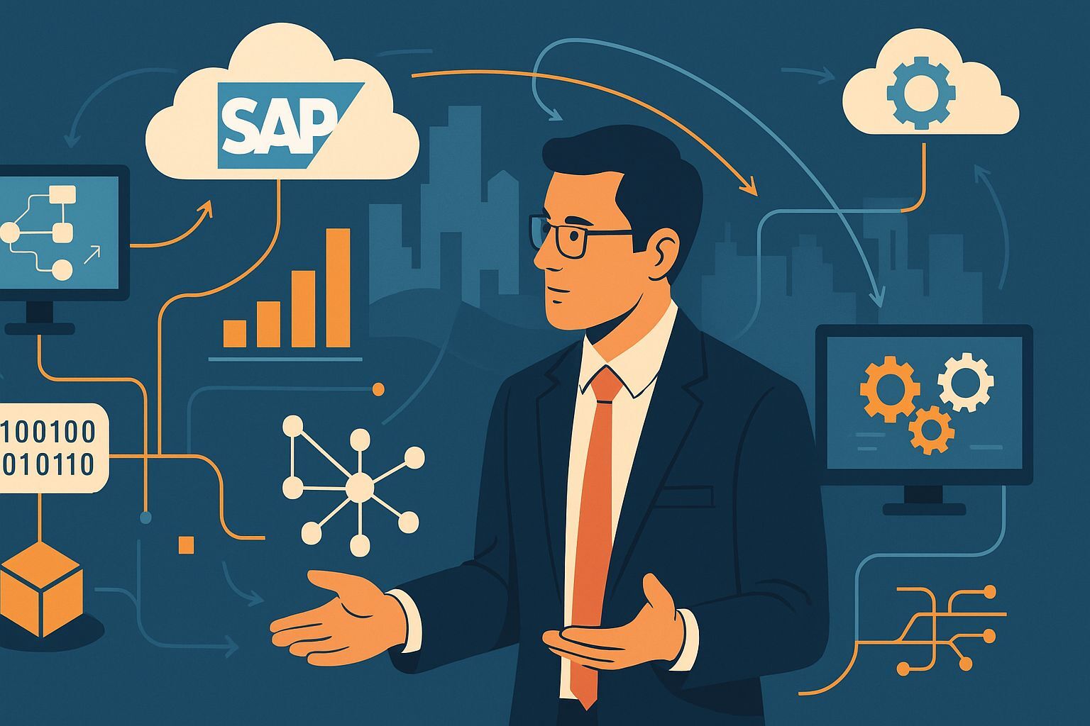 Illustration eines Geschäftsmanns mit Cloud-, SAP- und Digitalisierungs-Symbolen zur Datenintegration.