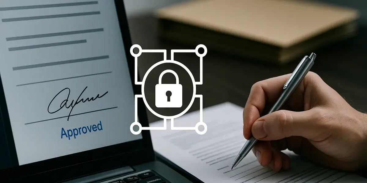 Digitale Signatur auf Laptop mit Datenschutzsymbol und handschriftlicher Unterschrift auf Papierdokument.