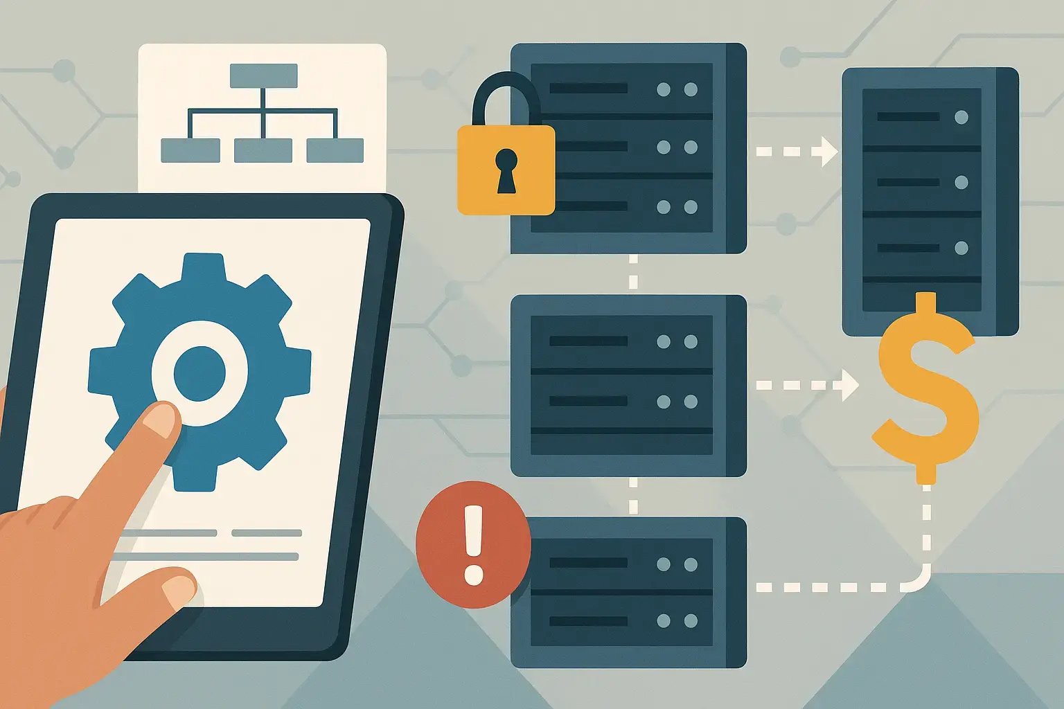 Grafische Darstellung von Servern mit Sicherheitsaspekten und finanziellen Elementen.
