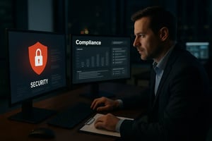 Ein Sicherheitsfachmann arbeitet an einem Computer mit Sicherheits- und Compliance-Daten.