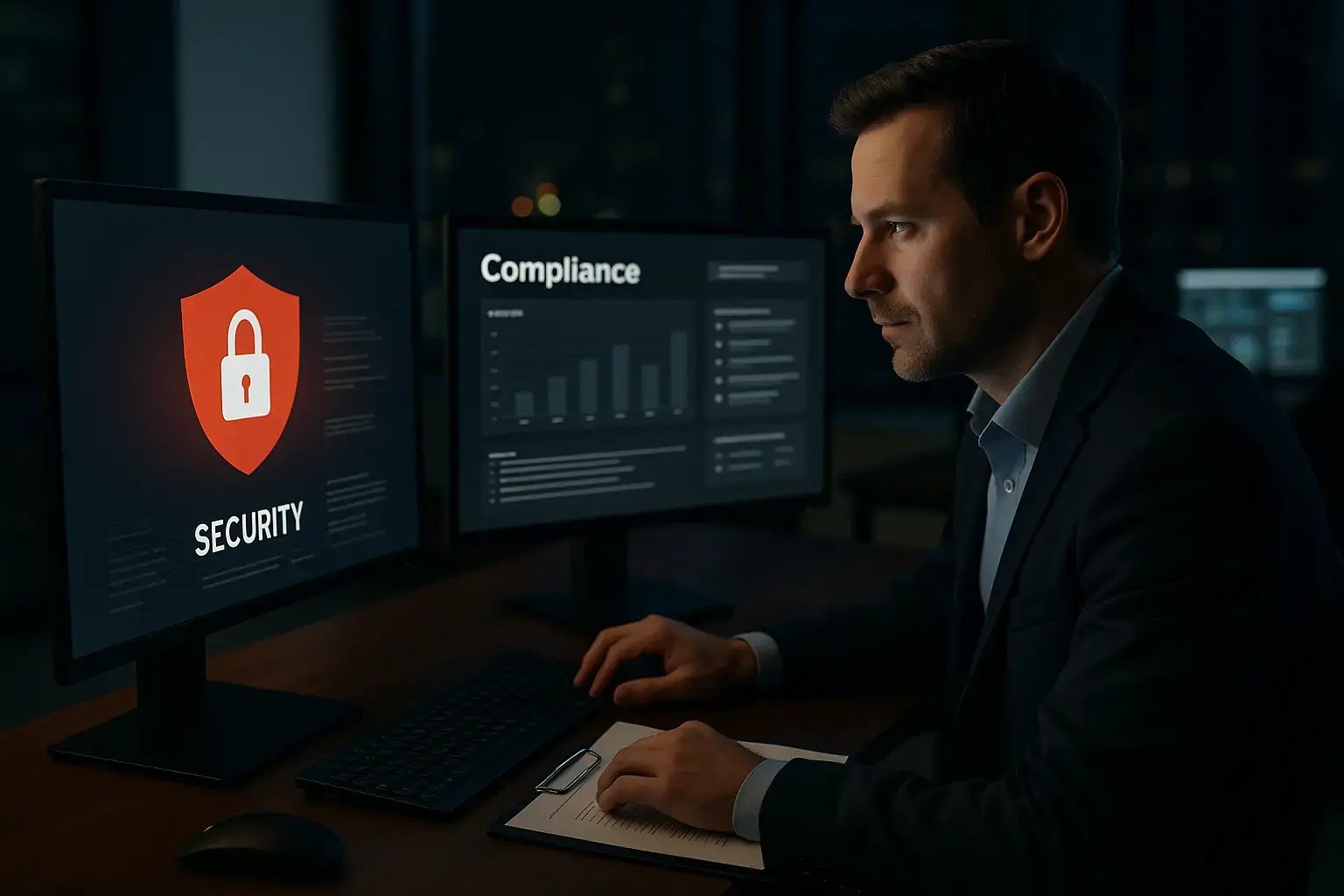 Ein Sicherheitsfachmann arbeitet an einem Computer mit Sicherheits- und Compliance-Daten.