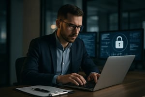 Mann konzentriert sich auf den Laptop mit Sicherheitsinformationen in einem Büro.