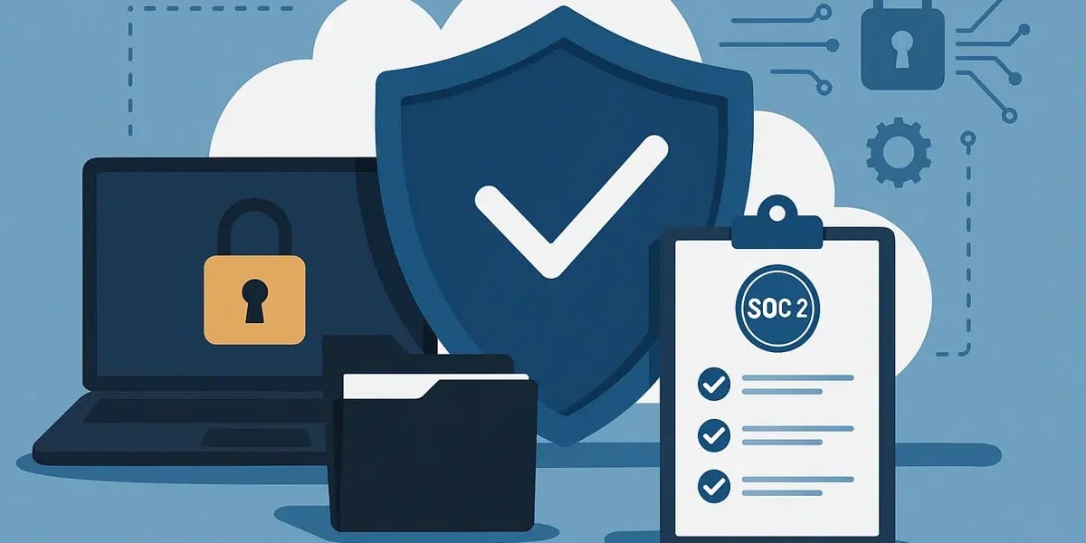 Illustration mit SOC-2-Checkliste, Schildsymbol und gesichertem Laptop – Symbol für Datensicherheit und Compliance.