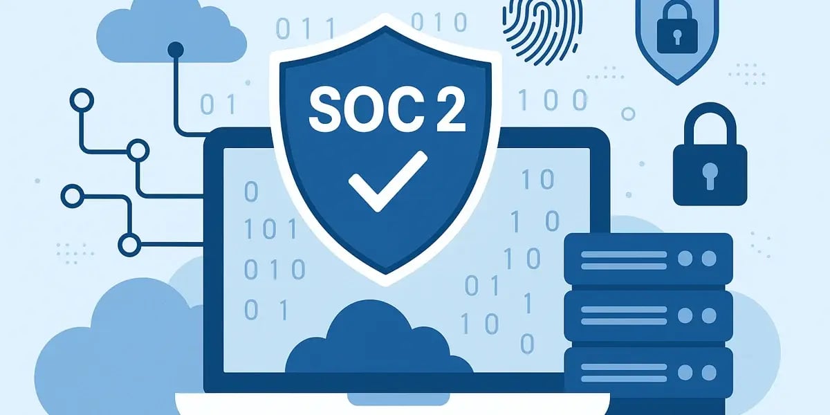 Digitale Darstellung von SOC 2 mit Schild, Laptop, Cloud und Datenfluss – Visualisierung von Cloud-Sicherheit und Zertifizierung.