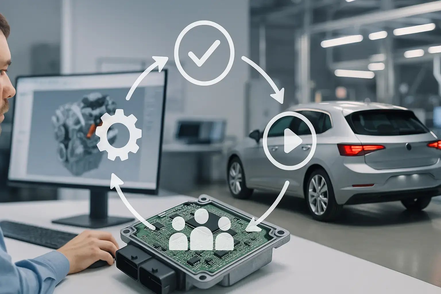 Ingenieur arbeitet am digitalen Modell eines Motors, während ein Steuergerät und ein Fahrzeug im Hintergrund zu sehen sind.