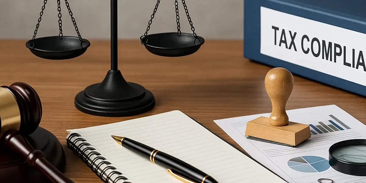 Schreibtisch mit Waage, Richterhammer, Notizbuch und Ordner „Tax Compliance“ – Darstellung von steuerlicher Regeltreue und rechtlicher Dokumentation.