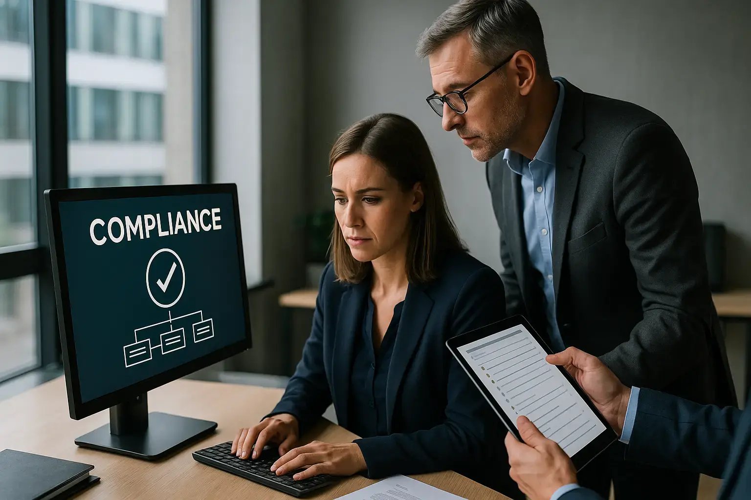 Team diskutiert Compliance-Strategien am Computer mit Fokus auf Sicherheit.