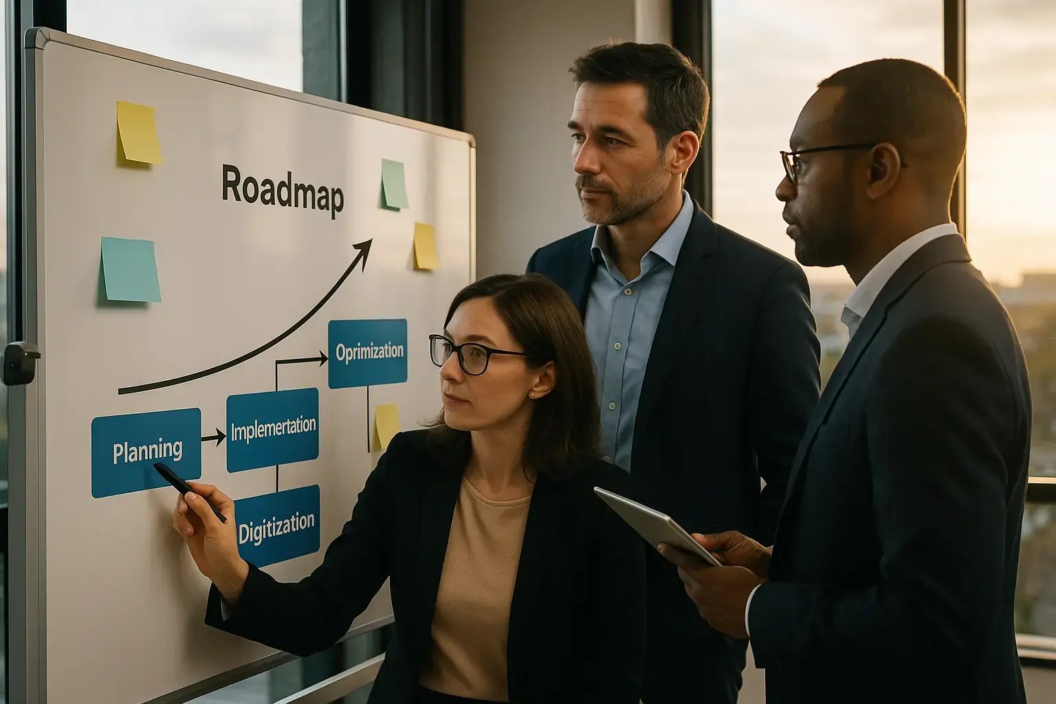 Ein Team diskutiert über einen Implementierungsplan an einem Whiteboard mit klaren Zielen.