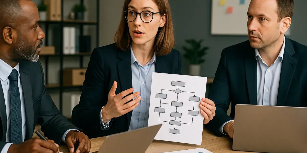Team im Büro bespricht eine Organisationsstruktur, während eine Frau ein Blatt mit einem Diagramm zeigt.