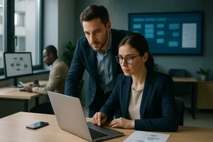 Zwei Fachleute fokussieren sich auf einen Laptop-Bildschirm in einem modernen Büro.