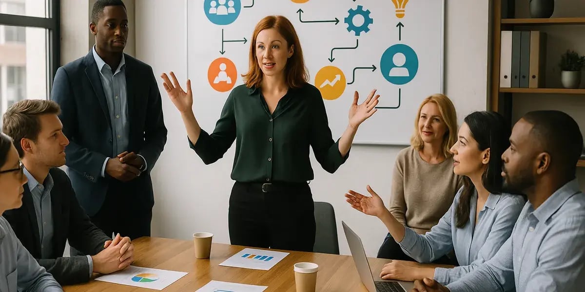 Eine Frau steht in einem Meetingraum vor einem Whiteboard mit Prozessdiagramm und spricht zu einem Team, das um einen Tisch mit Diagrammen sitzt.