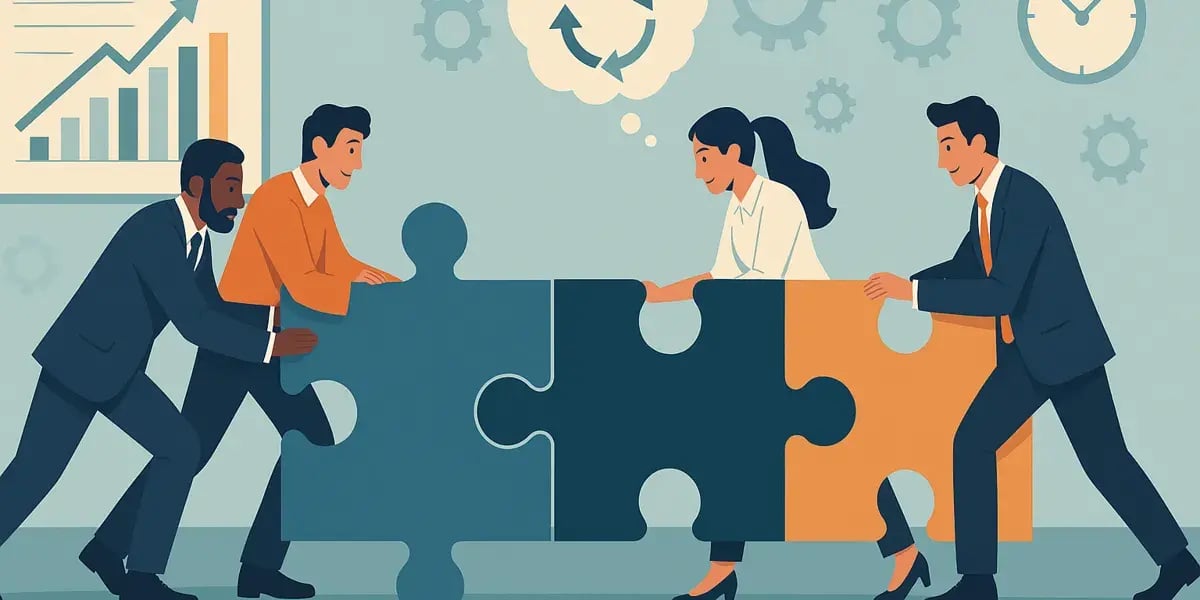 Illustration eines Teams, das gemeinsam große Puzzleteile zusammenschiebt – Symbol für Zusammenarbeit und Teamarbeit.