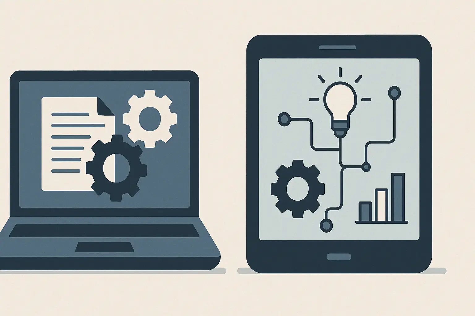 Illustration eines Laptops und eines Tablets, die Zahnräder und Graphen darstellen, als Symbol für Technologie und Datenanalytik.