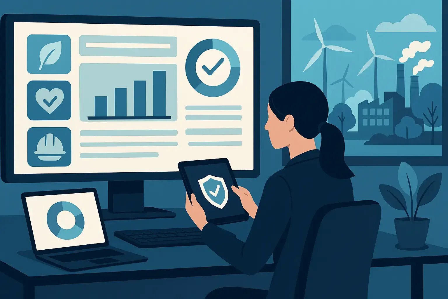 Illustration einer Frau, die auf Tablet und Monitor Umwelt-, Sicherheits- und Leistungskennzahlen betrachtet, vor einer Industrie- und Windkraftkulisse.