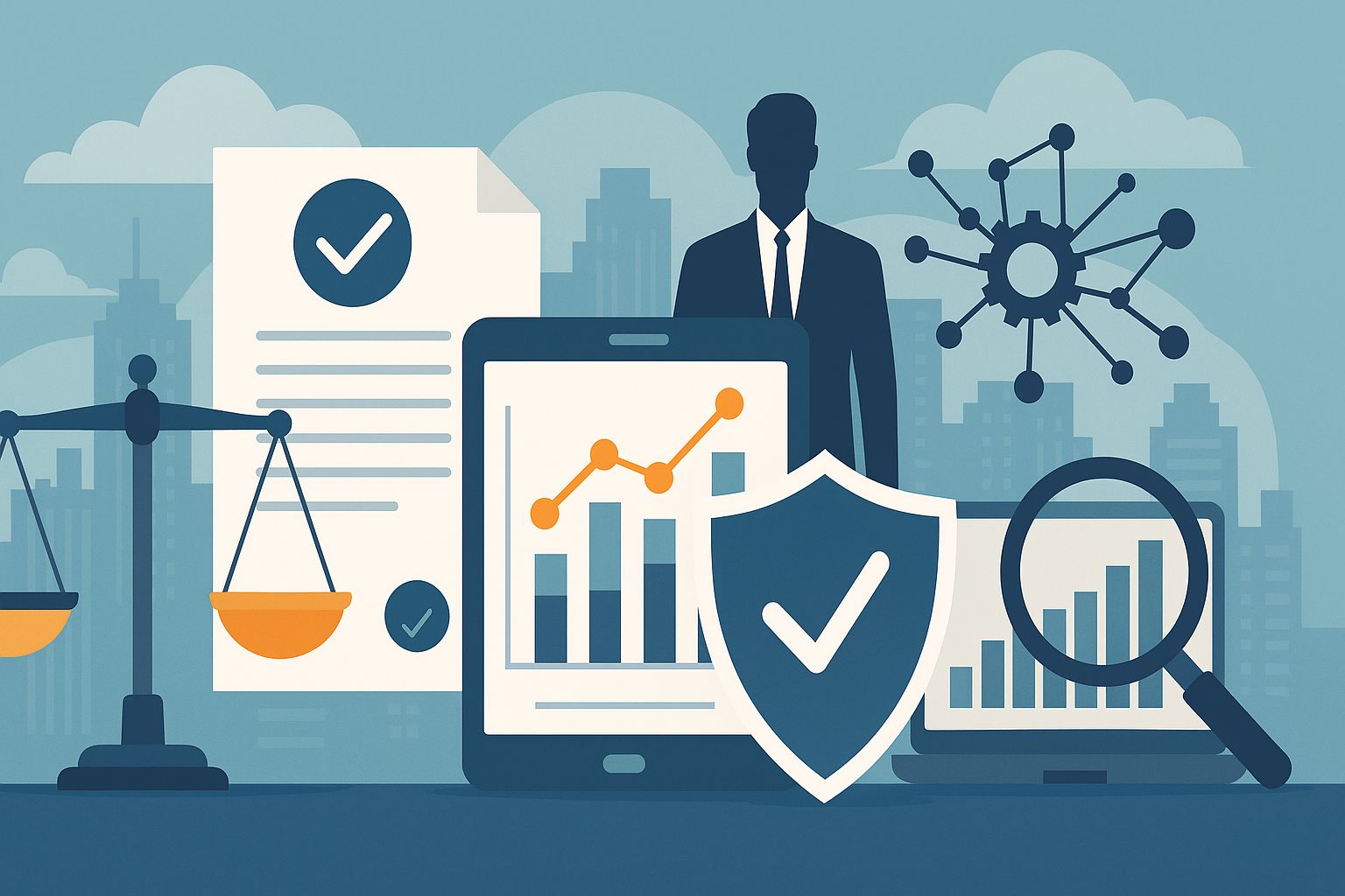 Illustration zu Unternehmens-Compliance mit Symbolen für Datenschutz, Analysen und rechtliche Balance.