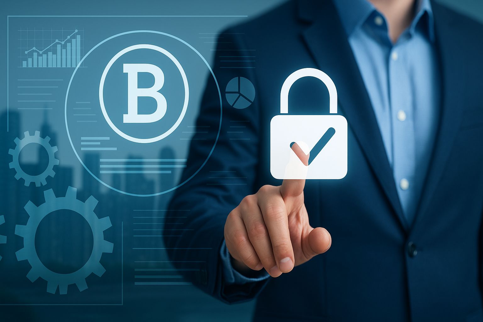 Geschäftsmann tippt auf digitales Schlosssymbol zur Sicherung der Unternehmensmarke und rechtlichen Integrität.