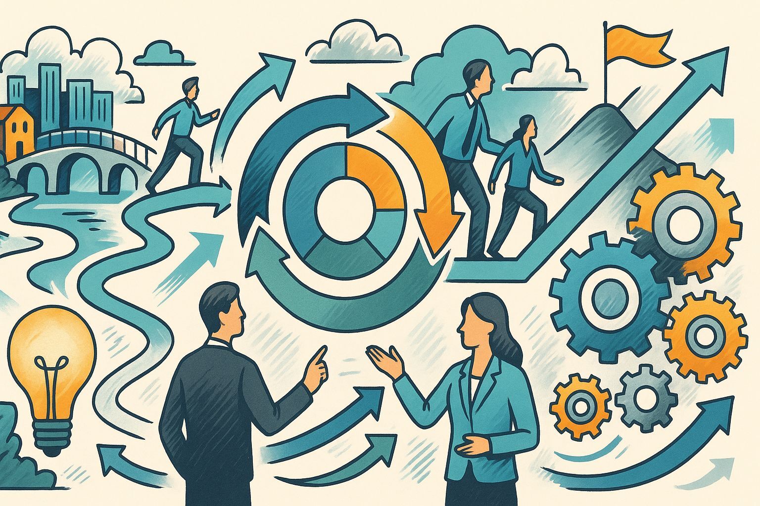 Visualisierung von Veränderungsprozessen mit Menschen, Zahnrädern und Pfeilen, die Wachstum symbolisieren.