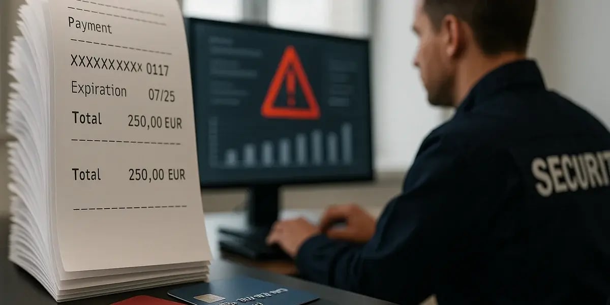 Sicherheitsmitarbeiter vor Monitor mit Warnsymbol, im Vordergrund Kreditkarten und Zahlungsbeleg mit sensiblen Daten.