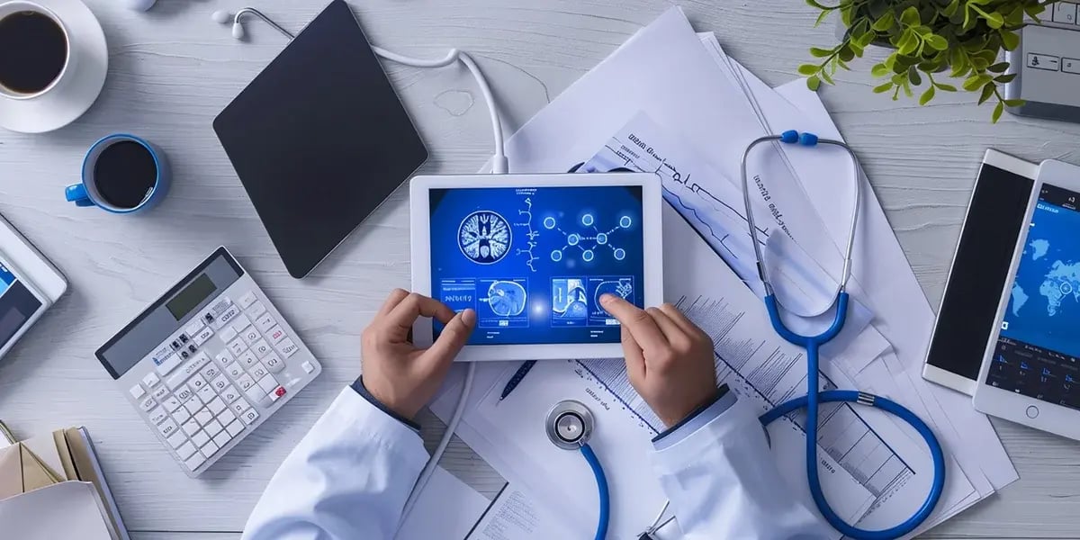 Telemedizinische Analyse auf einem Tablet, umgeben von medizinischen Unterlagen, Stethoskop, Smartphone und Kaffee auf einem Schreibtisch.