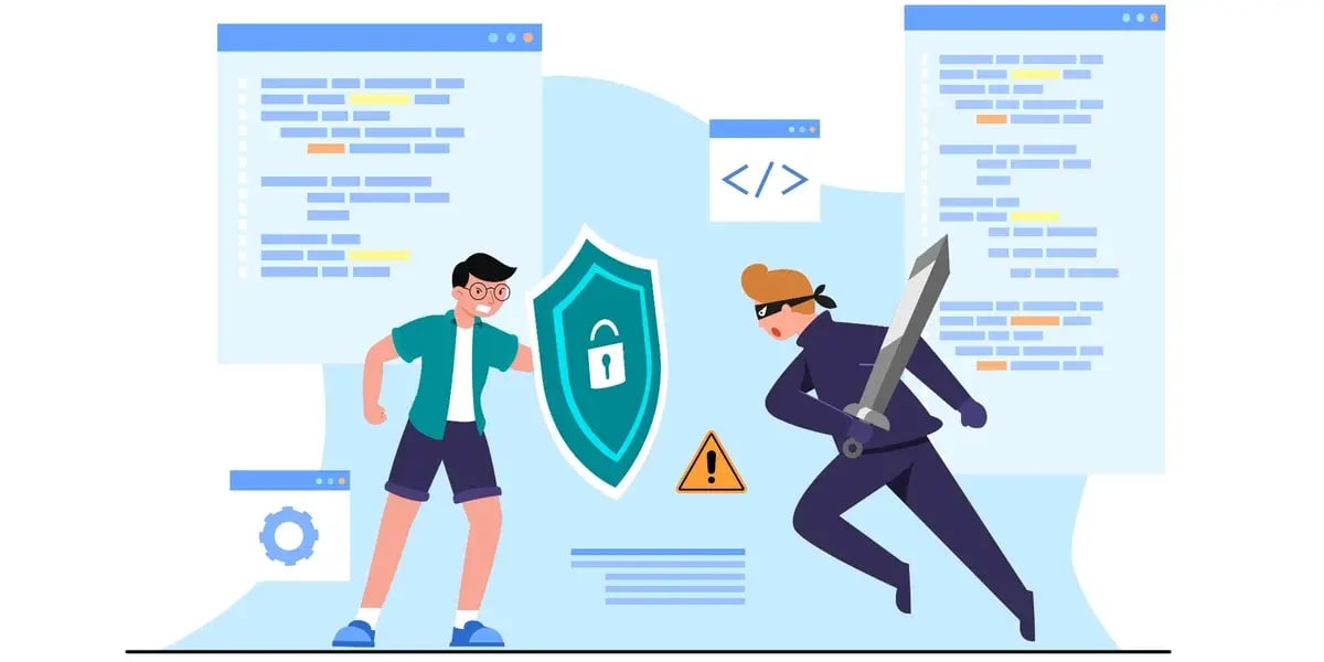 Illustration eines Programmierers, der mit Schutzschild gegen Hacker mit Schwert vor einem Hintergrund aus Codezeilen verteidigt.