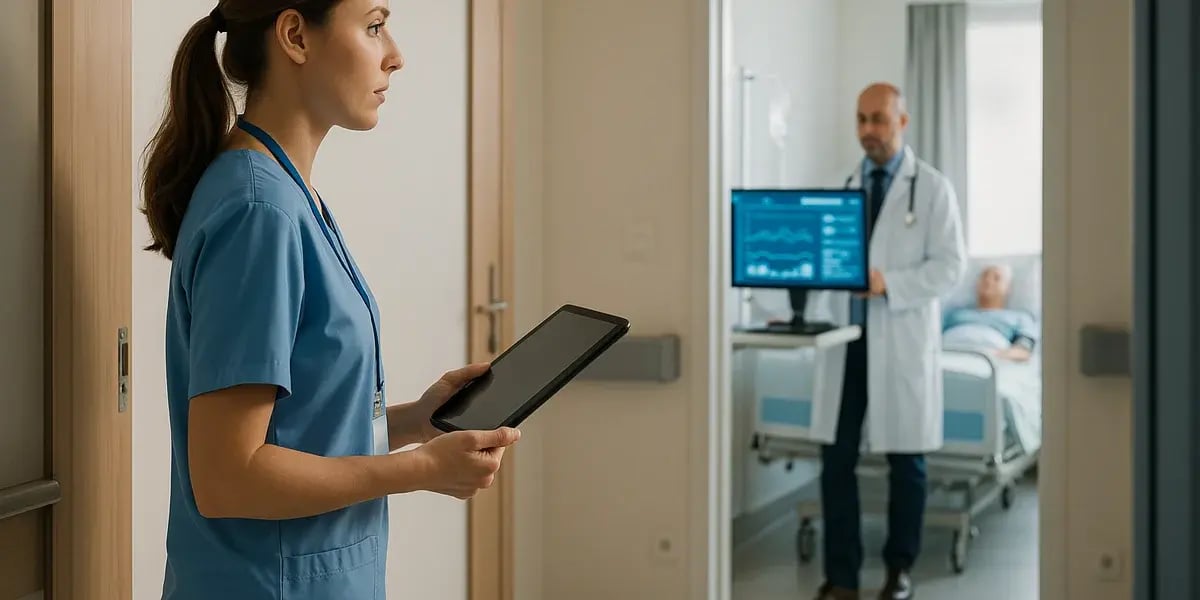 Pflegekraft mit Tablet im Krankenhausflur, im Hintergrund ein Arzt am Patientenbett mit Monitoranzeige medizinischer Daten.