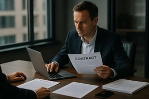 Ein Geschäftsmann überprüft einen Vertrag während eines Meetings am Tisch mit Laptop.