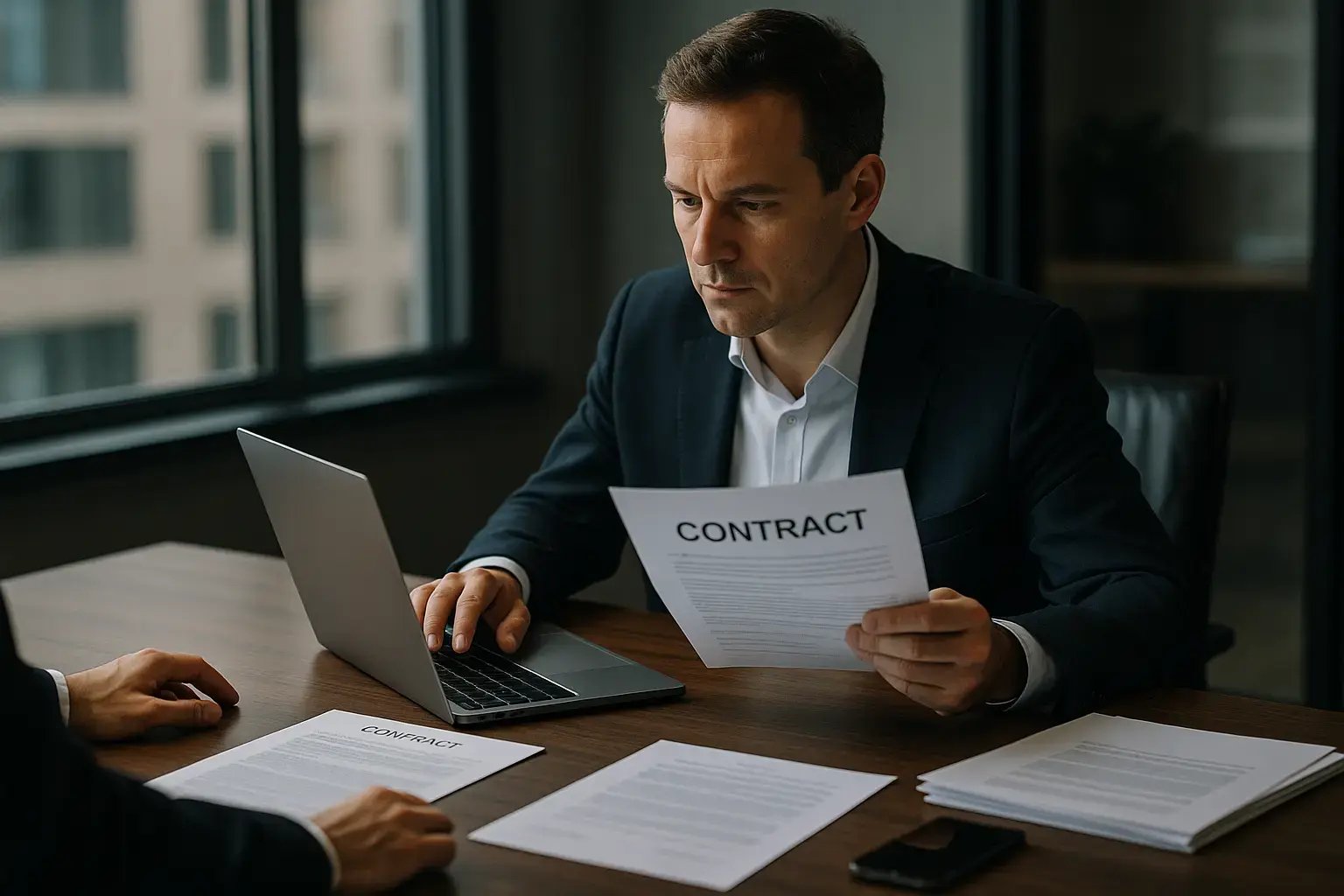 Ein Geschäftsmann überprüft einen Vertrag während eines Meetings am Tisch mit Laptop.