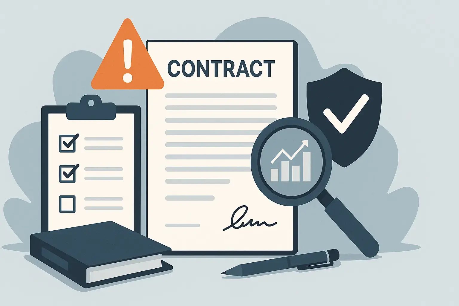 Illustration von Verträgen, Checklisten und einem Vergrößerungsglas zur Vertragsprüfung.