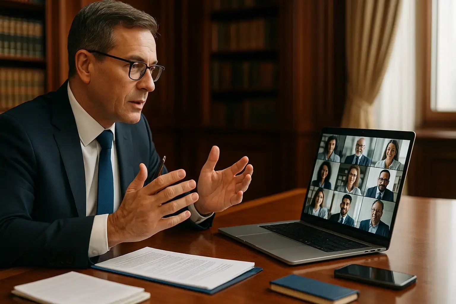 Geschäftsmann in Online-Konferenz mit mehreren Teilnehmenden auf dem Laptopbildschirm in einem formellen Büro.