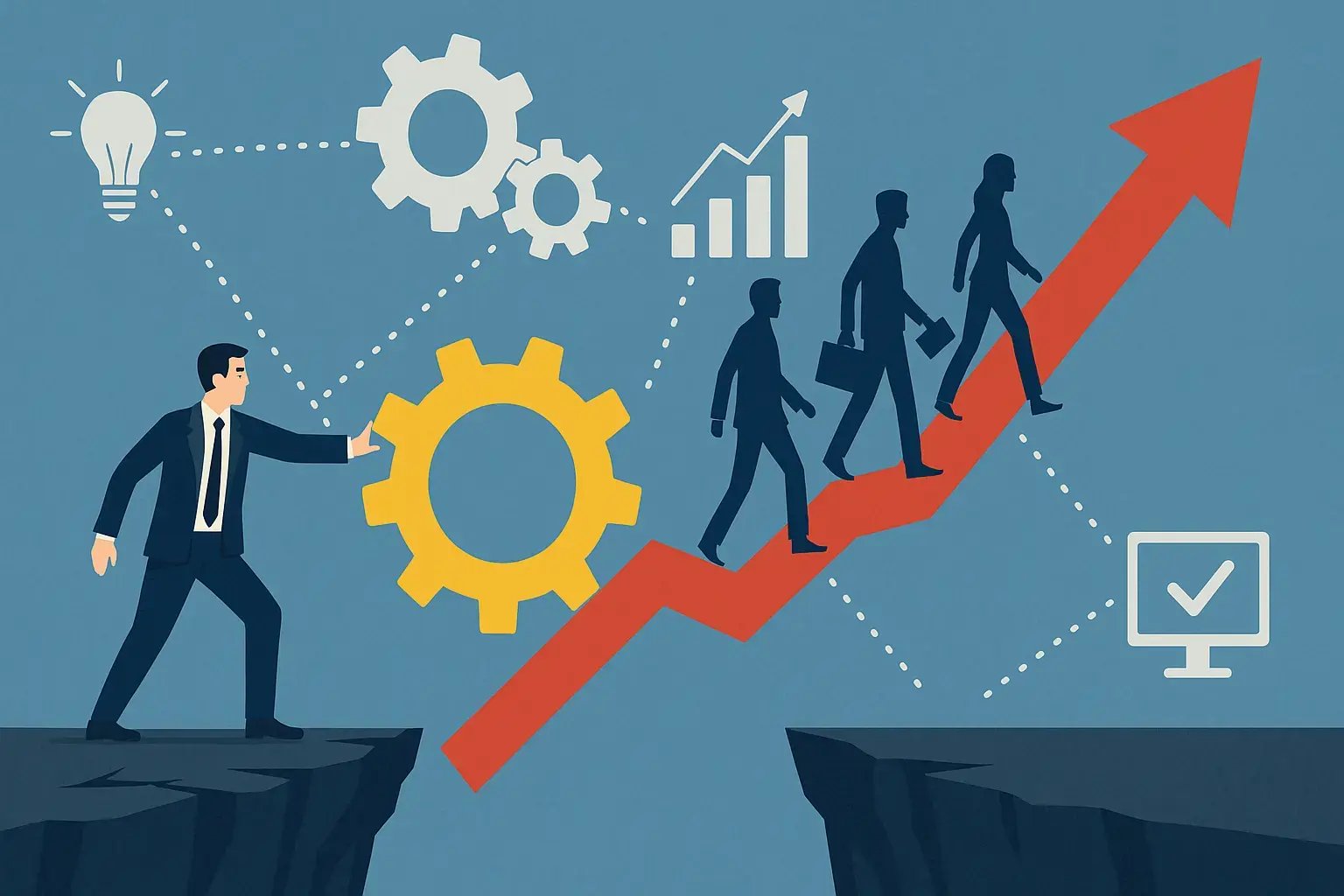 Eine kreative Grafik, die den Weg zum geschäftlichen Erfolg mit Wachstumsdiagrammen und Ideen darstellt.