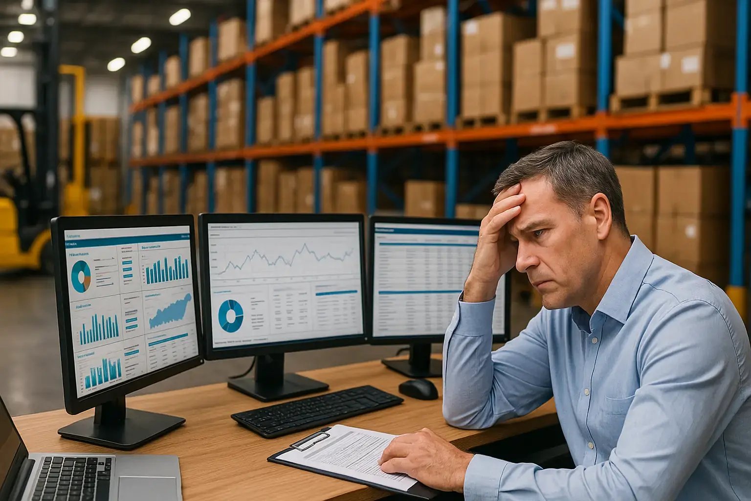 Gestresster Mitarbeiter im Lager sitzt vor mehreren Monitoren mit Analyse-Dashboards und hält sich nachdenklich den Kopf.