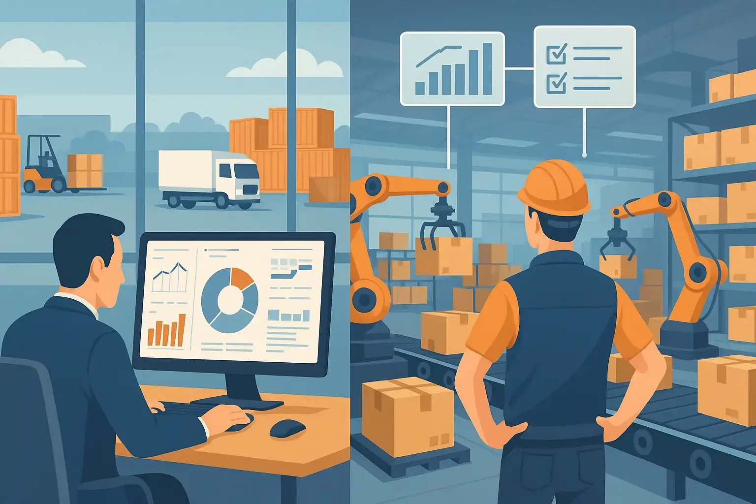 Illustration eines Lagerrobotersystems mit arbeitendem Mitarbeiter und einem Manager, der Analysedaten am Computer überwacht.
