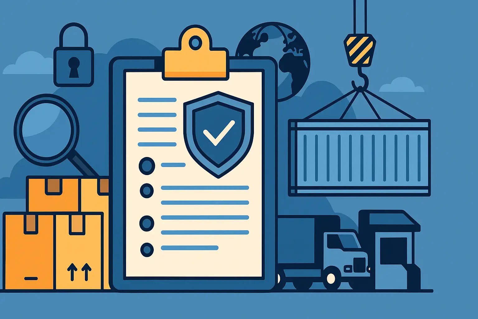 Eine grafische Darstellung zeigt einen Prüfzettel, eine Weltkarte und Frachtcontainer, die die Wichtigkeit der Zollkontrolle veranschaulicht.