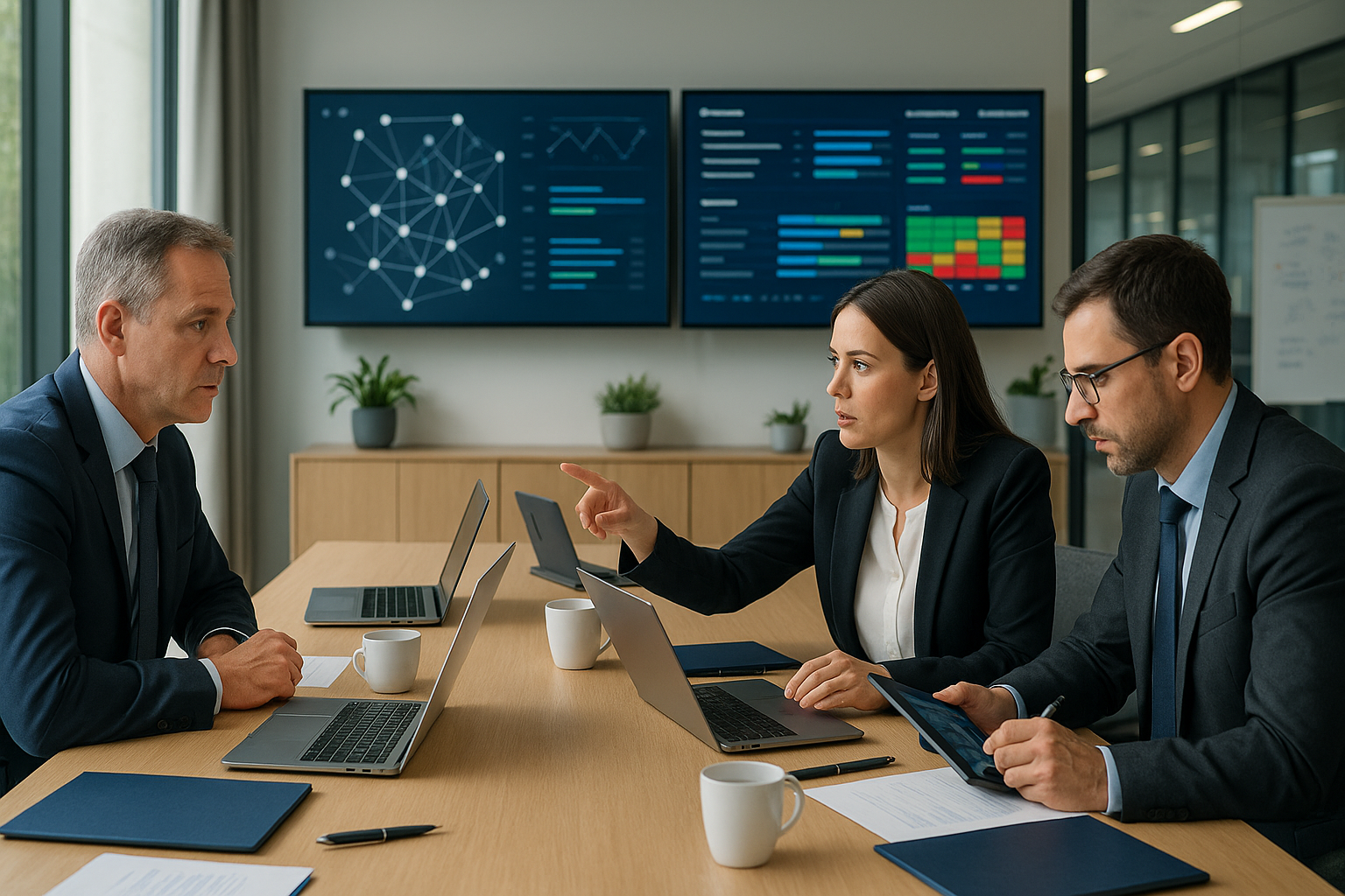 Modernes Unternehmensbüro mit Führungskräften im Lage-Meeting vor großen Monitoren, die Netzwerkdiagramme und kritische Systemstatus zeigen, helle Beleuchtung durch Fensterfront, ernste konzentrierte Atmosphäre, Laptop und Dokumentenmappen auf Konferenztisch, digitale Dashboards im Hintergrund, professionelle Business-Kleidung