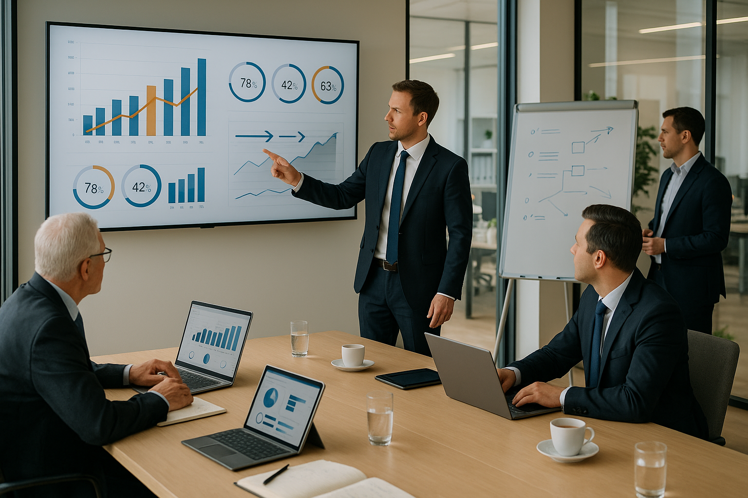 Präsentation im Besprechungsraum: ein Mitarbeiter zeigt auf KPI-Diagramme auf einem großen Bildschirm, während das Team am Tisch mit Laptops die Ergebnisse diskutiert.
