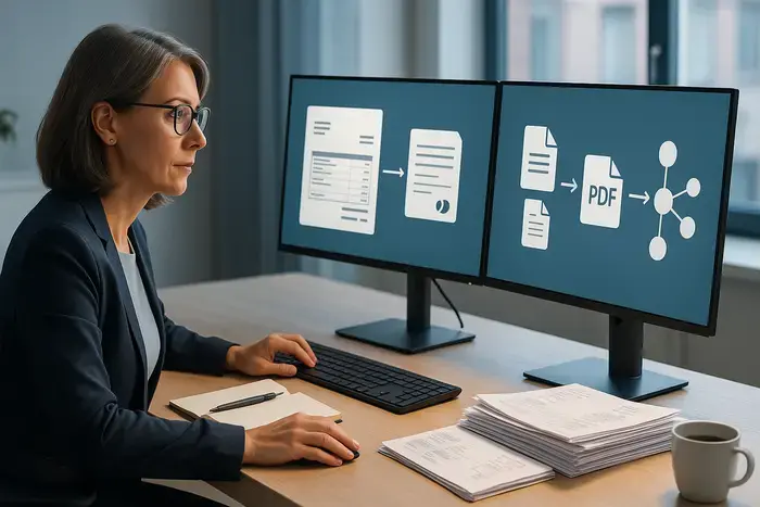 Fachfrau an modernem Schreibtisch prüft Rechnungsdaten auf großem Monitor neben Papierdokumenten in hellem innovativem Büro.