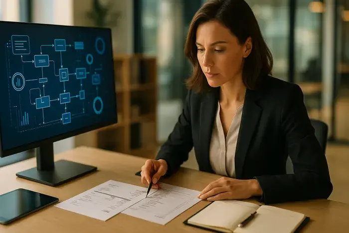 CFO überprüft elektronische Rechnungsprozesse am Computer mit Datenfluss-Visualisierung im modernen Büro