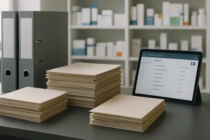 Moderner Apothekenarbeitsplatz mit strukturierter Rechnungsverwaltung und Übergangsphase zu digitalen Prozessen