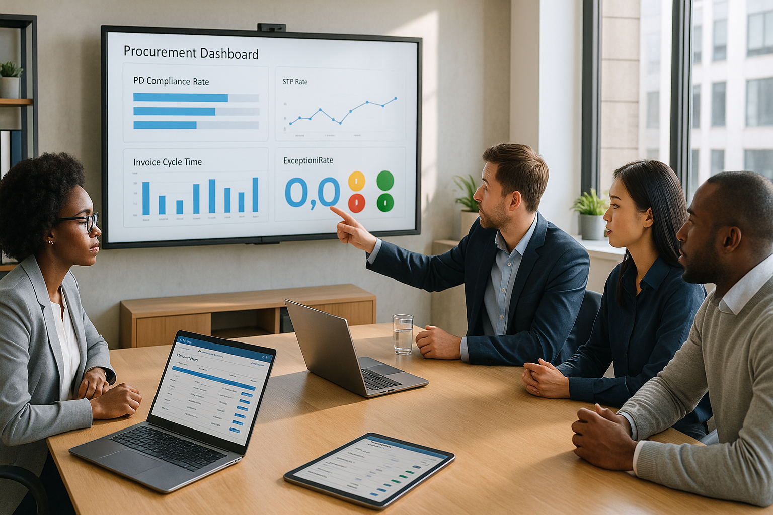 Modernes Büro-Meeting mit diversen Fachkräften aus Finance und Procurement vor großem Monitor mit Procurement-Dashboard, KPI-Diagrammen und Approval-Workflows, im Vordergrund Laptop mit Purchase-to-Pay-Oberfläche und Tablet mit Supplier-Portal, helle natürliche Beleuchtung durch Fenster, professionelle Atmosphäre, Querformat