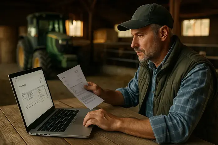 Landwirt im modernen Hofbüro verarbeitet elektronische Rechnungen über Computersystem mit strukturierten XML-Daten, digitalen Dokumenten und GoBD-konformer Dokumentenablage mit Audit-Trails für optimierte und revisionssichere Betriebsverwaltung.