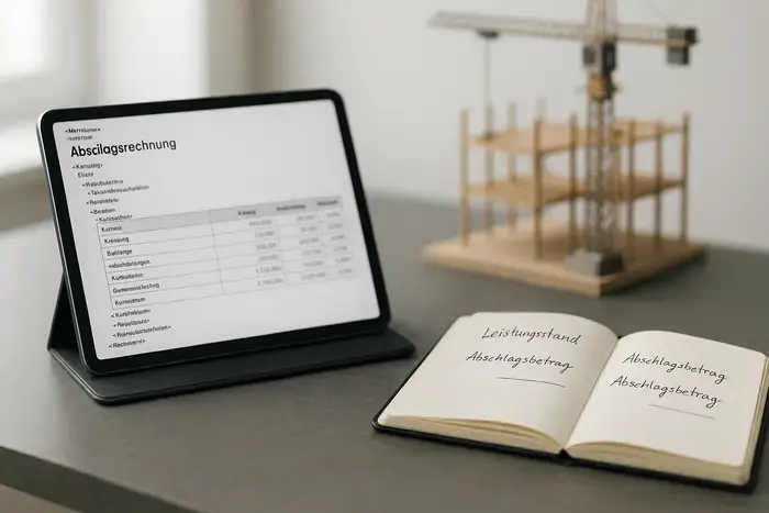 Tablet mit strukturierter Abschlagsrechnung im XML-Format, Notizbuch mit Abschlagsnotizen und verschwommenes Baustellenmodell auf grauem Schreibtisch.